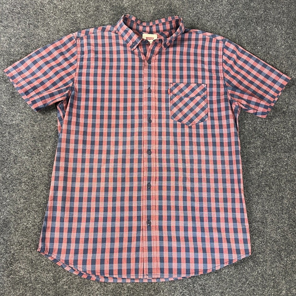 Levis Mens Medium Plaid Short Sleeve Button Up Shirt Red Blue Casual Cotton